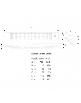 esquema y dimensiones del calefactor Mo-El 728 PETALO 1800