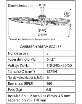 Esquema del ventilador de techo Caribbean Dream Eco 137 con aspas de mimbre