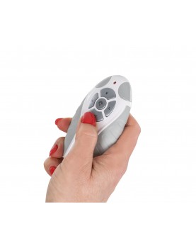 mano sujetando el mando a distancia FB-FNK-D blanco y gris