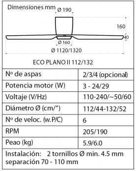 Especificaciones ventilador de techo eco plano 311283w con wifi