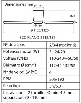 Especificaciones ventilador de techo eco plano 311300W con wifi