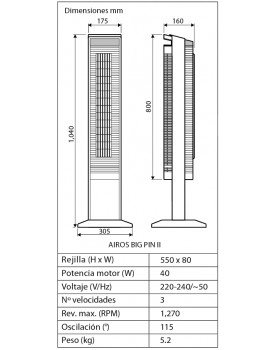 esquema del ventilador de torre casadan AIROS BIG PIN II color negro