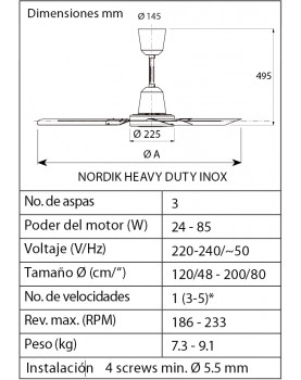 Esquema del ventilador de techo de acero inoxidable Vortice Nordik Heavy Duty