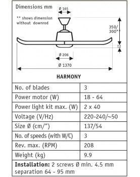 esquema del ventilador de techo Hunter 50626 HARMONY blanco