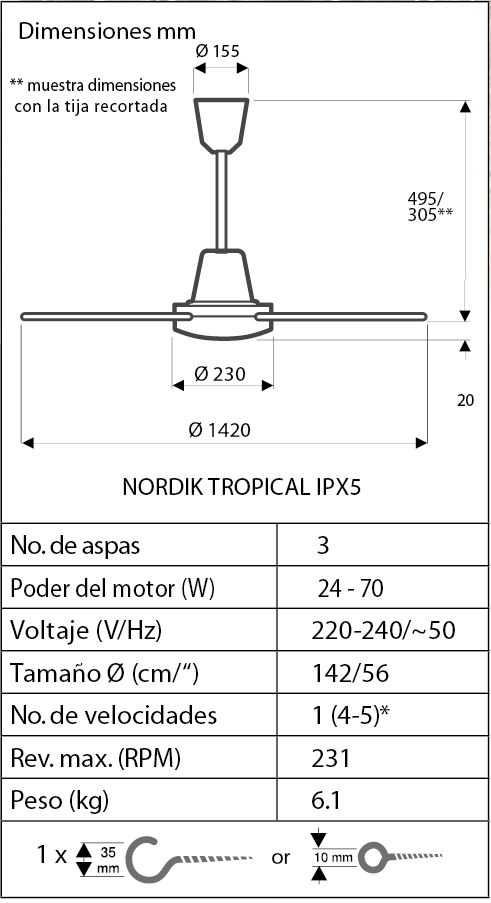 Esquema ventilador de techo Vortice 61742 Nordik Tropial